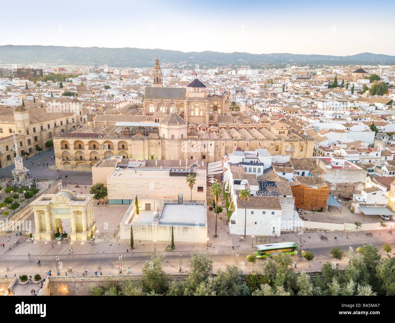 Aerial view of mosque, cathedral and Saint Rafael Triumph Arch in the heart of Cordoba, Andalusia, Spain Stock Photo