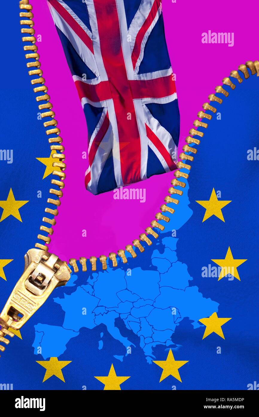 British flag leaves Europe with EU stars, open zipper, symbol image EU exit, Brexit, United Kingdom Stock Photo