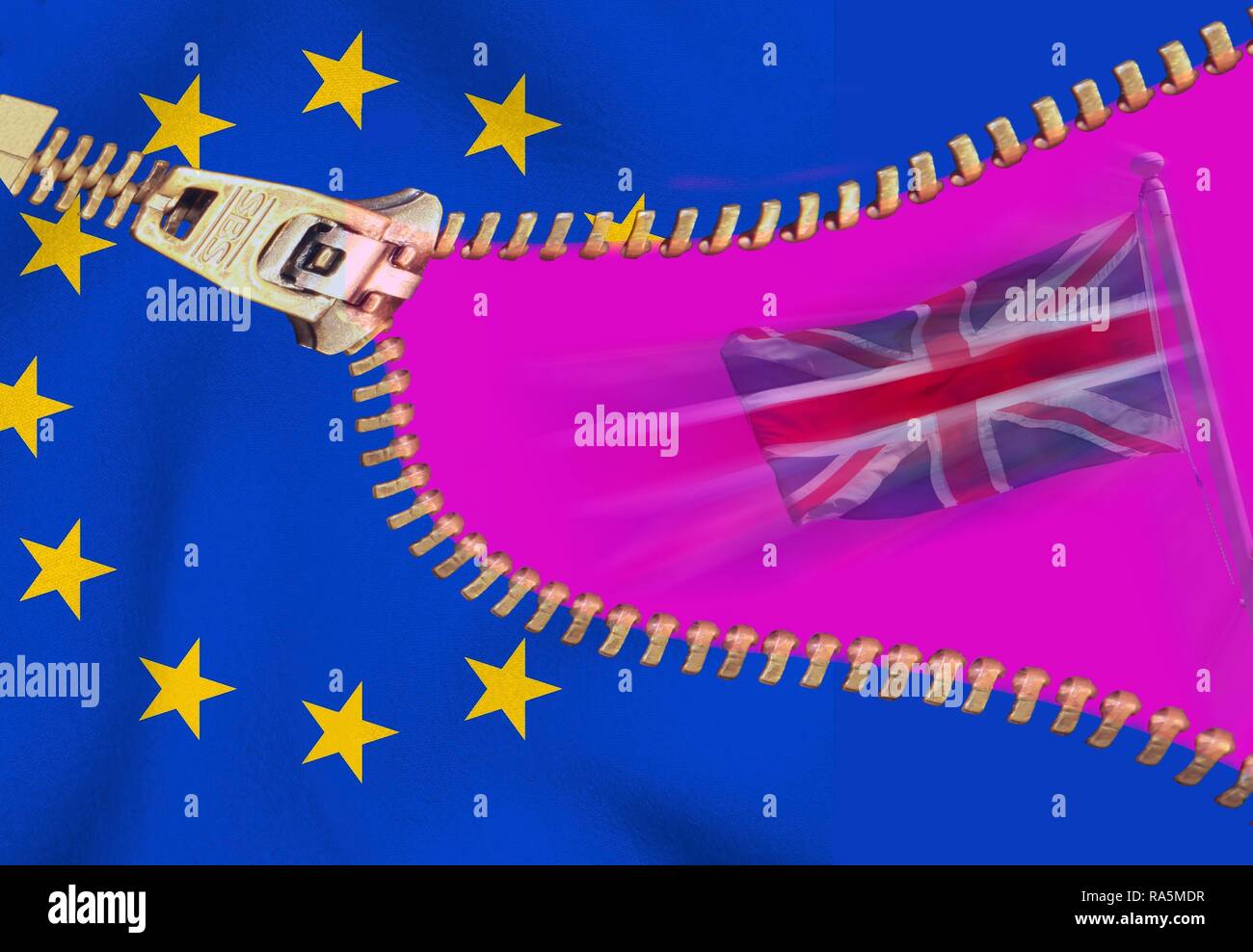 British flag and EU stars, open zipper, symbolic image EU exit, Brexit, Great Britain Stock Photo