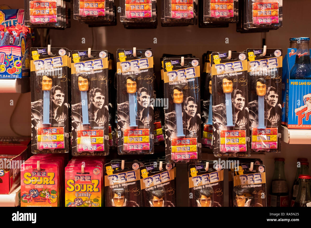 Elvis Presley Pez dispensers for sale at It'sugar, a candy by the pound store on Broadway in Greenwich Village, New York City.rock satr Stock Photo