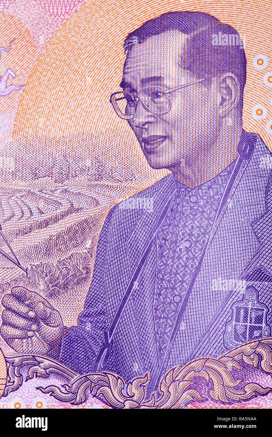 Bhumibol Adulyadej - Rama IX, a portrait from Thai money Stock Photo