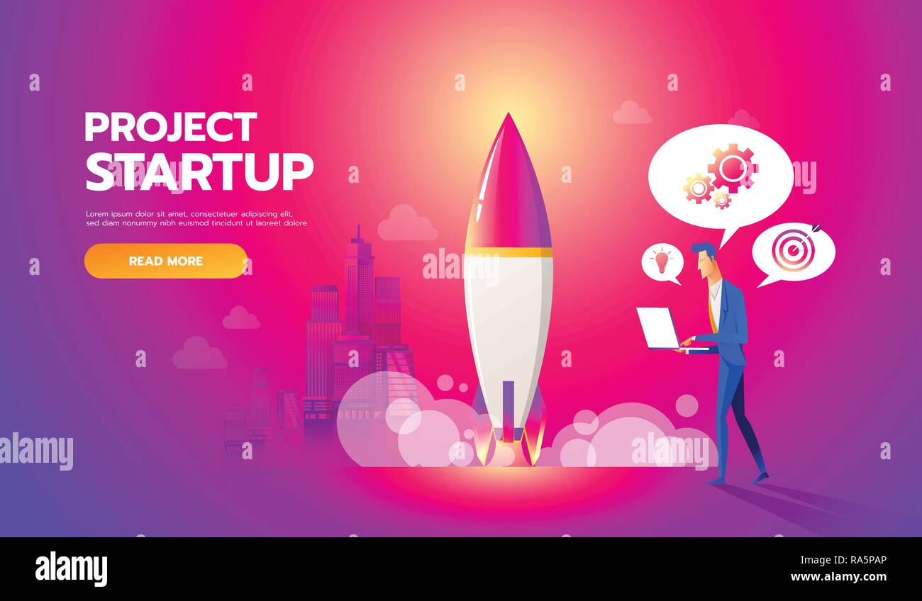 Businessman launches rocket into the sky. Business startup concept ...