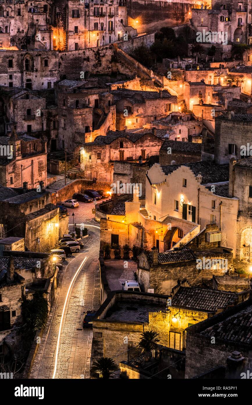 Old Town at night, Matera, Basilicata, Italy Stock Photo