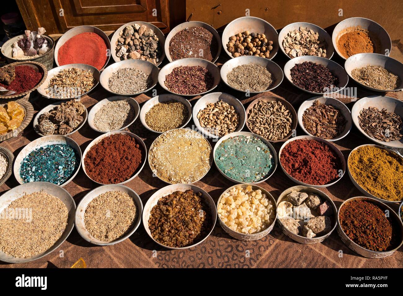 Stand with colorful spices, Petra, Jordan Stock Photo