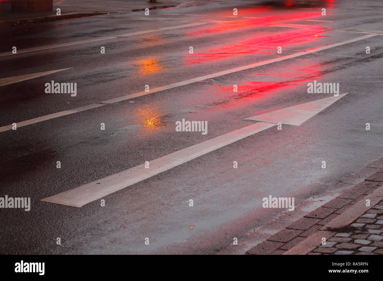 Rainwater street, lights, direction arrow in rain at dusk, Bremen, Germany Stock Photo