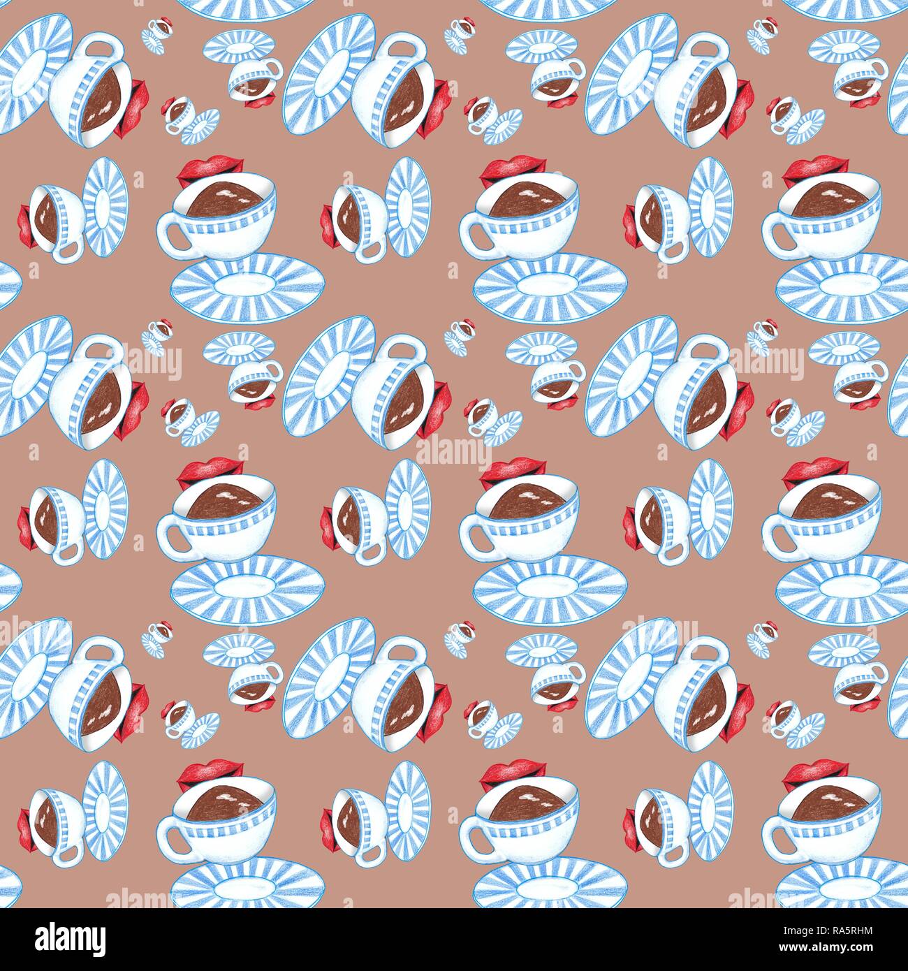 Wrapping paper, wallpaper, seamless pattern, cup with coffee or cocoa, red lips, mouth of a woman, pleasure, background brown Stock Photo