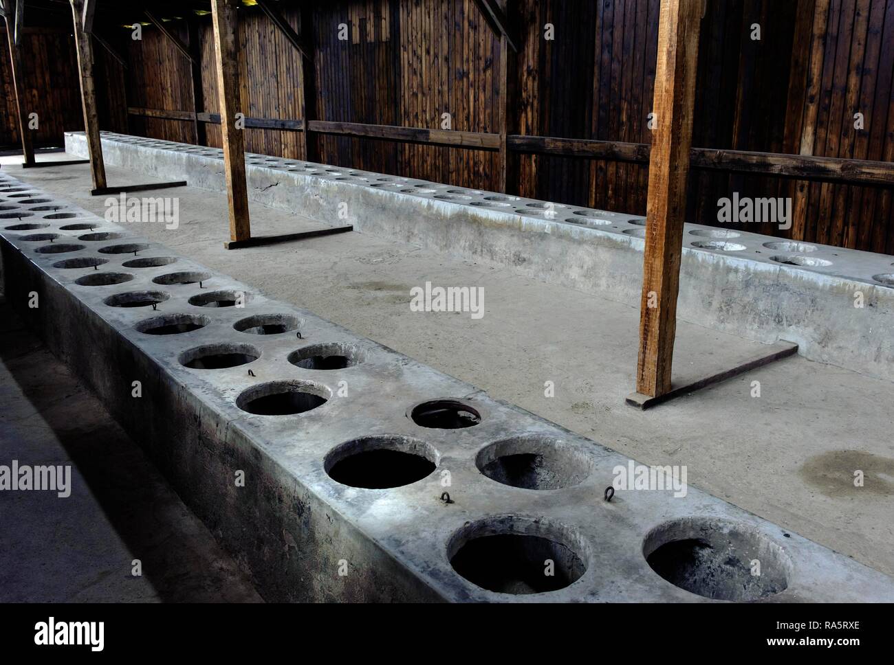 Latrine in Auschwitz-Birkenau concentration camp, UNESCO World Heritage Site, Lesser Poland Province, Poland Stock Photo
