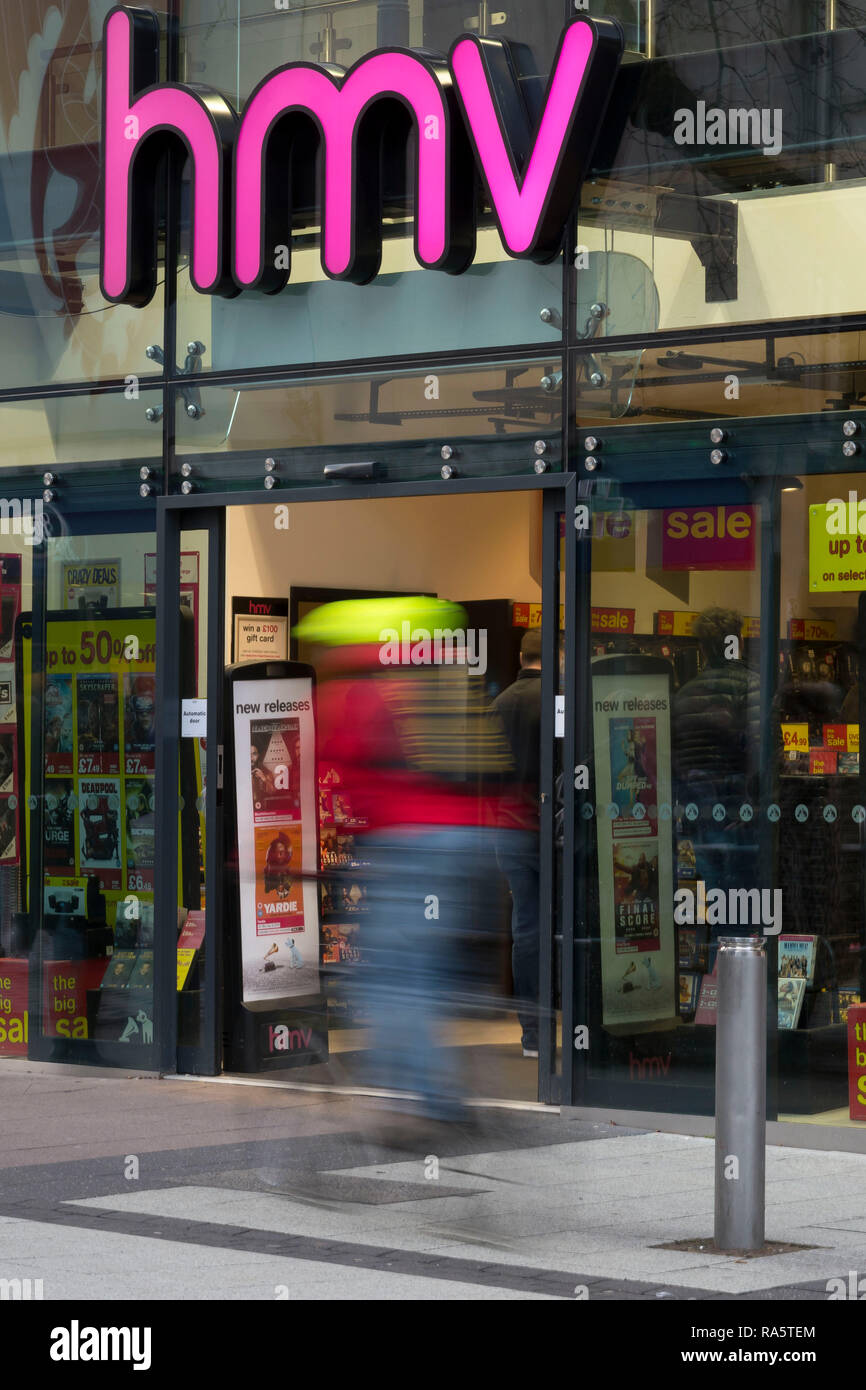 A HMV sign in Cardiff, Wales, UK. The retailer has gone into administration for the second time in six years. Stock Photo