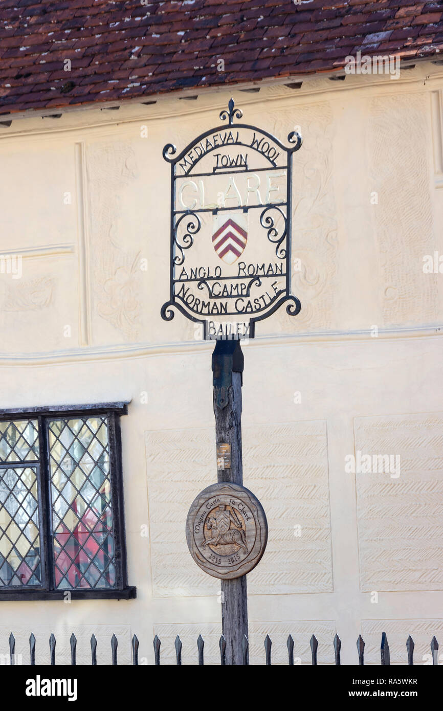 Village sign at Clare Ancient House Museum, High Street, Clare, Suffolk, England, United Kingdom Stock Photo
