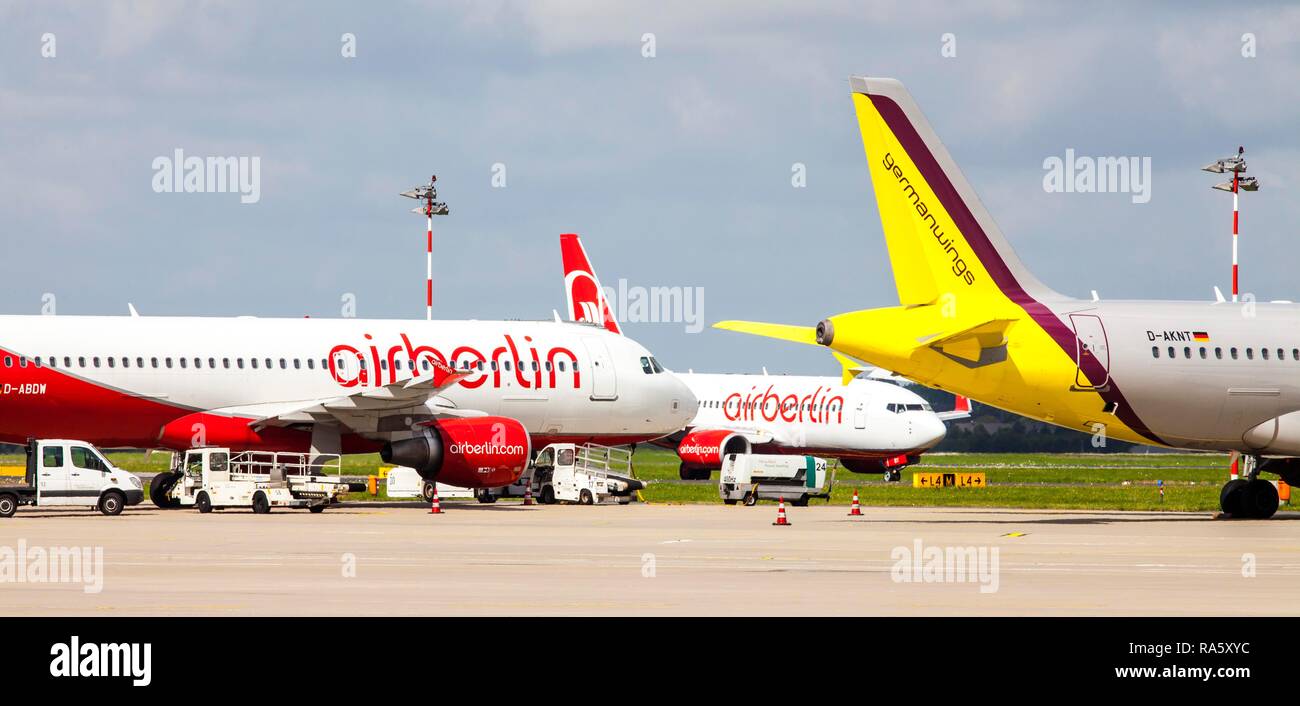 Planes of Air Berlin and German Wings, manoeuvring area of Duesseldorf International Airport, Duesseldorf Stock Photo