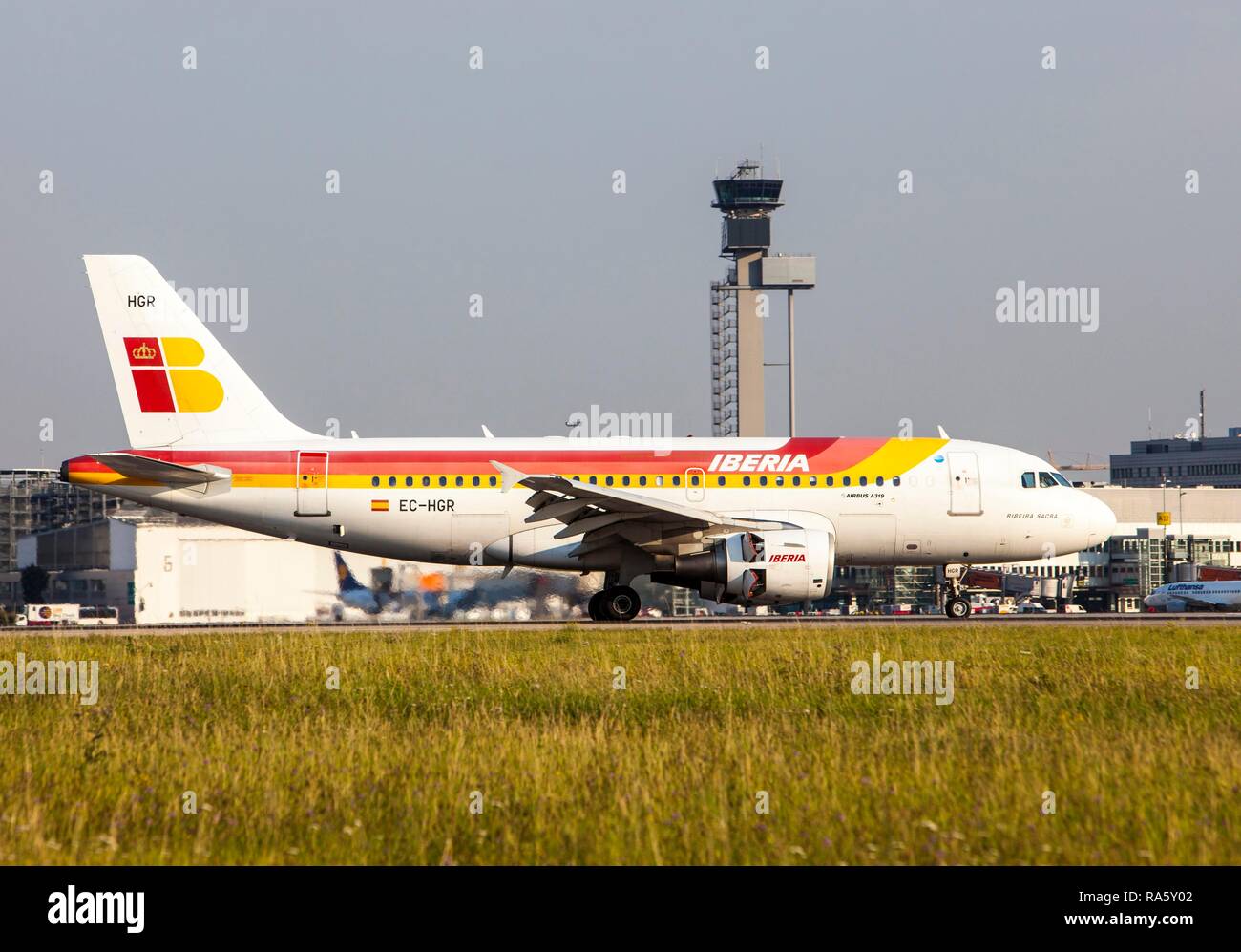 An Iberia Airbus A319-111 after landing at Duesseldorf International Airport, Duesseldorf, North Rhine-Westphalia Stock Photo
