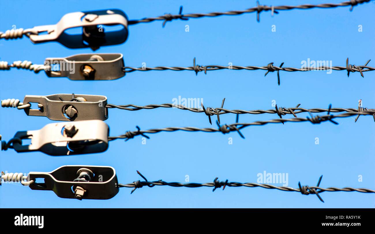 Barbed wire on a fence with clamps Stock Photo Alamy
