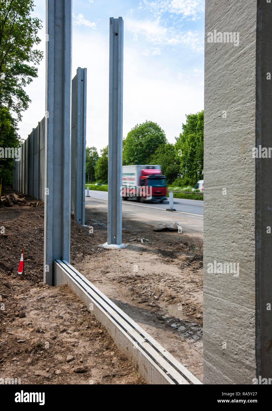 Construction of noise barriers on the A52 motorway, in the Essen districts of Bredeney and Haarzopf, Essen Stock Photo