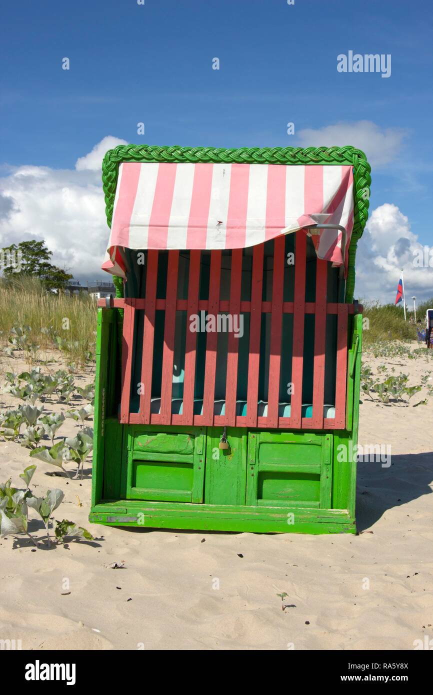 Roofed wicked beach chair, Ahlbeck, Usedom Island, Mecklenburg-Western Pomerania Stock Photo