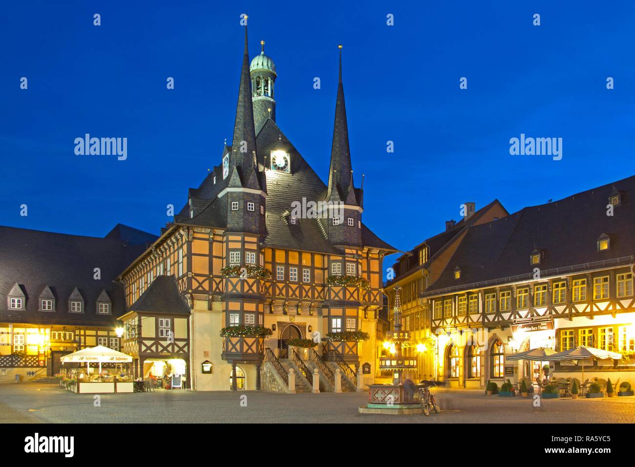 Town hall at dusk, evening, Wernigerode, Saxony-Anhalt Stock Photo