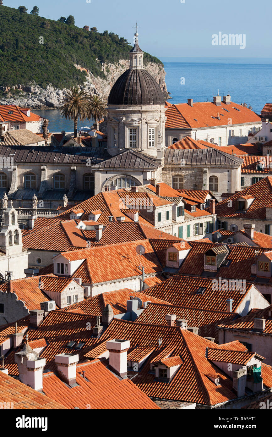The iconic red roofs as far as the eye can see above the walled city of Dubrovnik, Croatia. Stock Photo