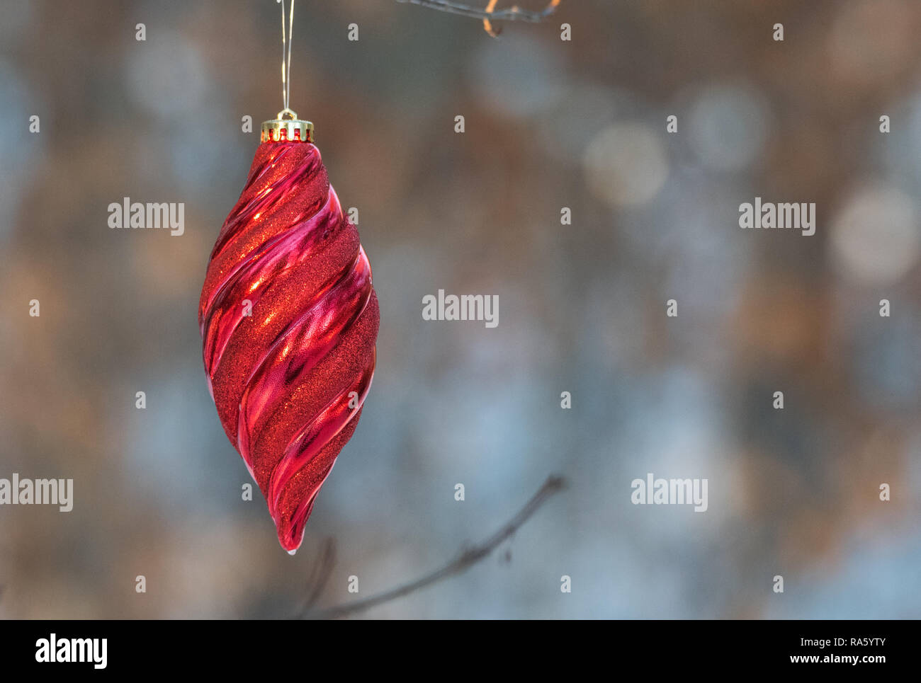 Sunlight shines on Christmas ornament outdoors hanging on a live pine tree in winter. Stock Photo