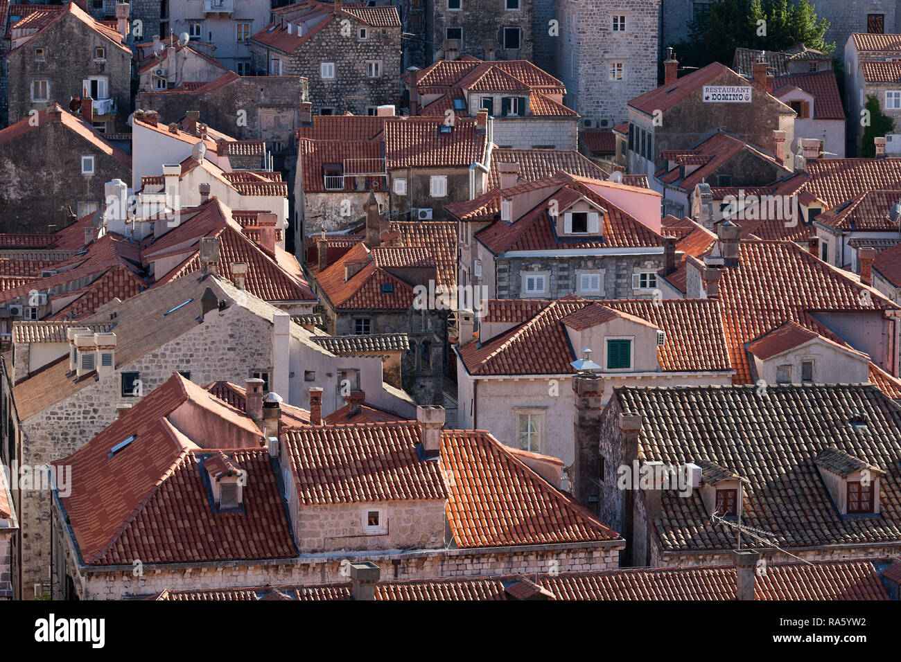 The iconic red roofs as far as the eye can see above the walled city of Dubrovnik, Croatia. Stock Photo