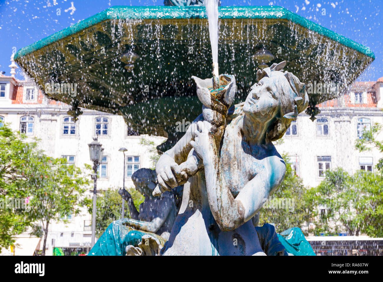 Founta in Rossio Square in the Pombaline Downtown of Lisbon, in Portugal. Stock Photo