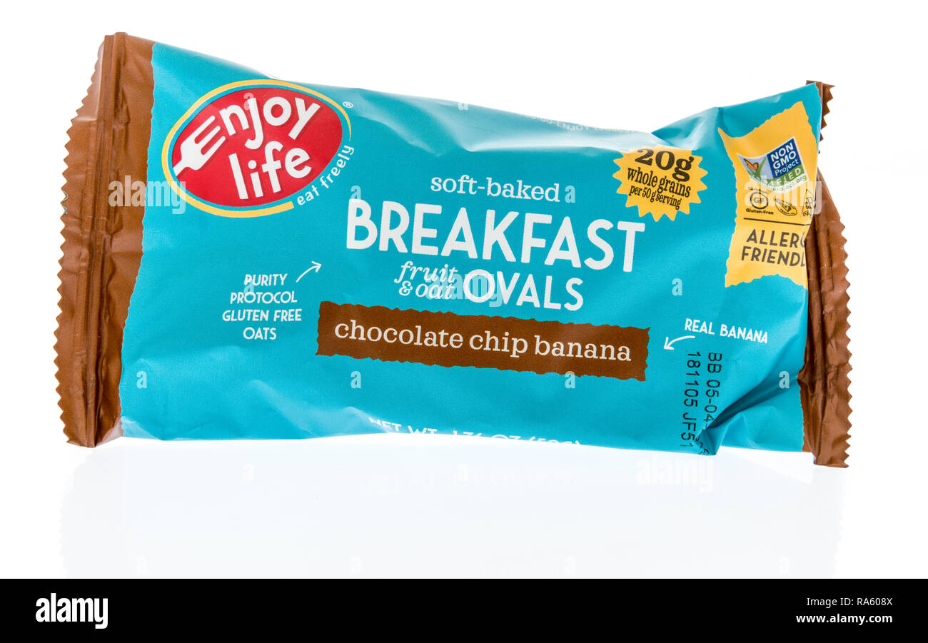 Winneconne, WI - 30 December 2018: A package  of Enjoy life soft baked fruit ovals on an isolated background. Stock Photo