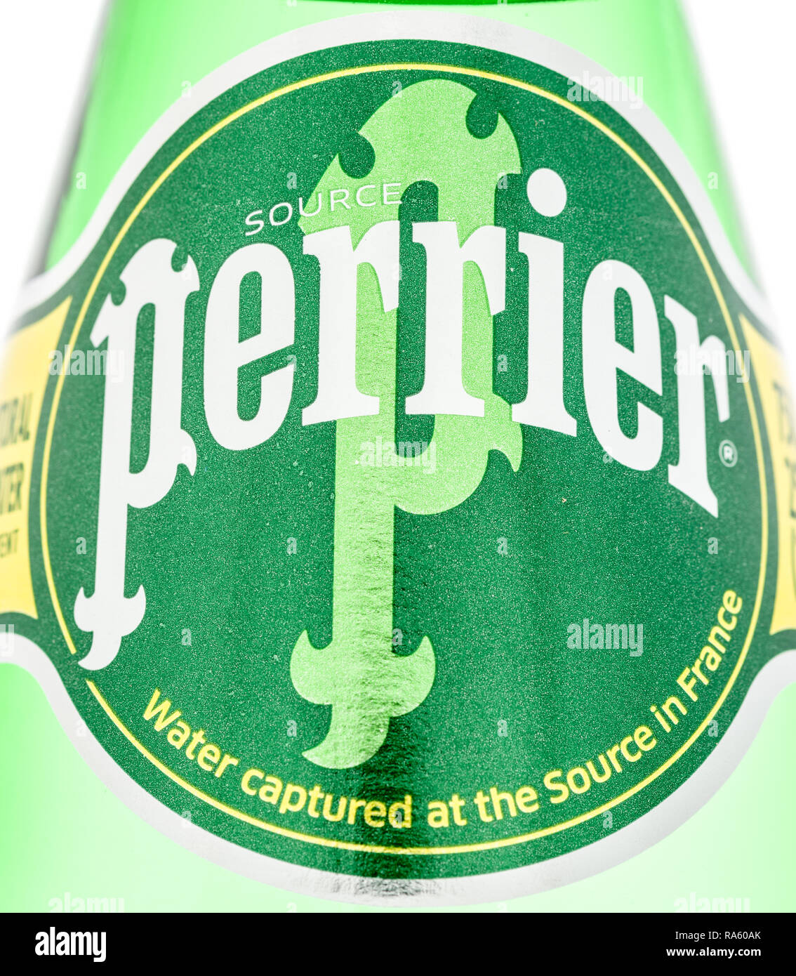 Winneconne, WI - 30 December 2018: A close up image of Perrier water bottle on an isolated background. Stock Photo