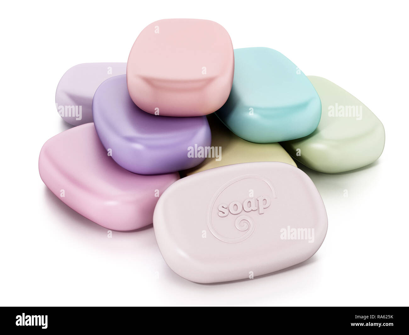 Stack of colorful generic soaps isolated on white background. 3D