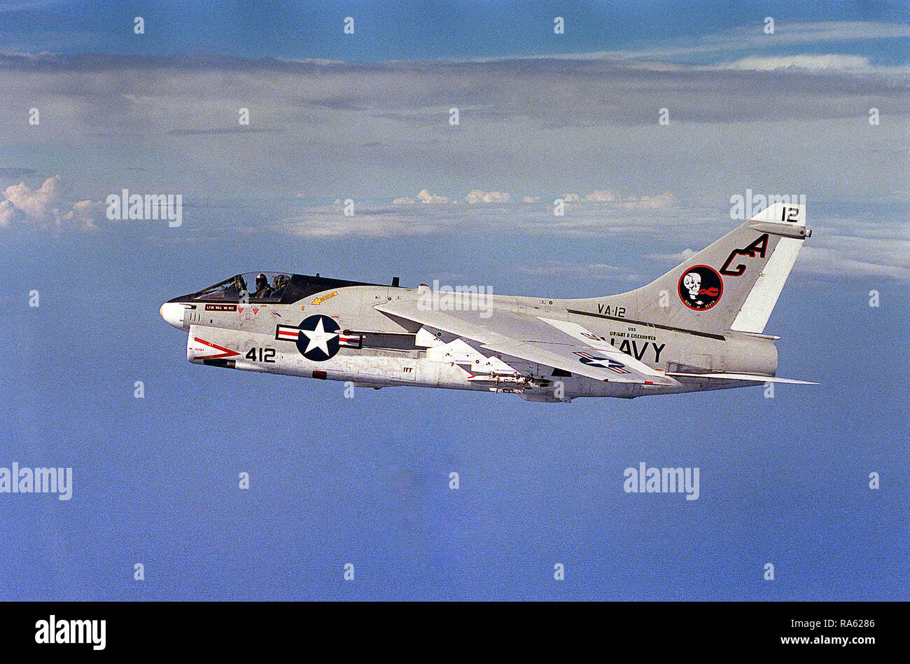 1978 - An air-to-air left side view of an Attack Squadron 12 (VA-12) A-7E Corsair II aircraft. Stock Photo