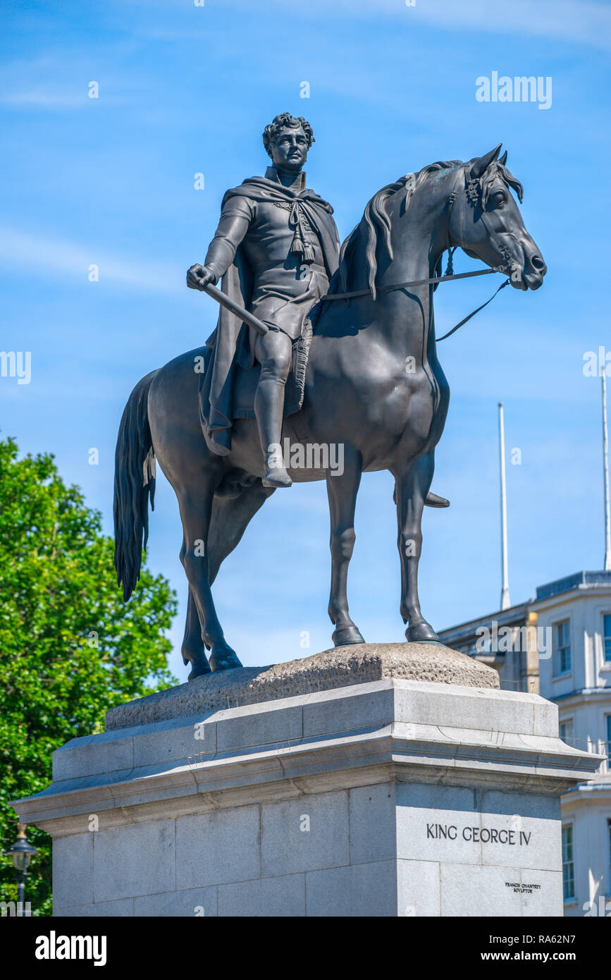 An equestrian statue of King George IV situated at Trafalgar Square in London, designed by Sir Francis Leggartt chantrey Stock Photo