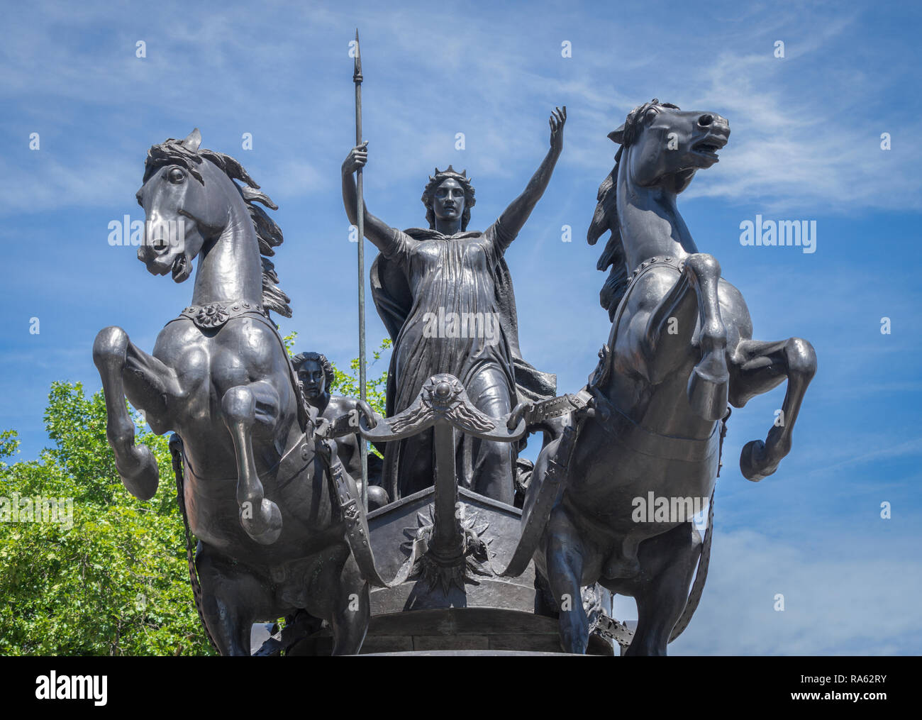 Spectacular bronze sculpture of Queen Boadicea, charging on a chariot, situated by Westminster Bridge in London and created by Thomas Thorneycroft Stock Photo