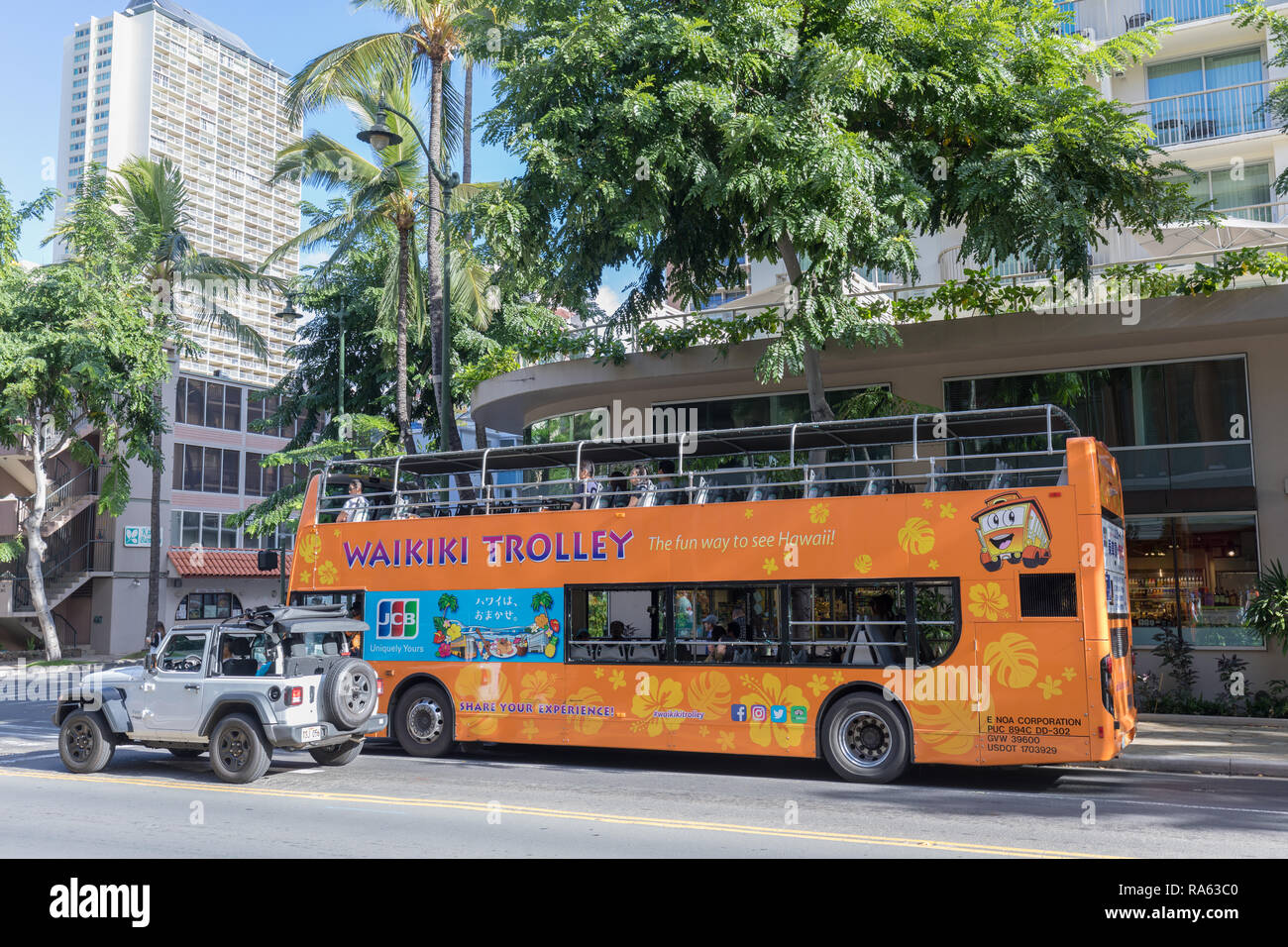 Honolulu, Hawaii Dec 23, 2018 Waikiki Trolley bus on Kalakaua