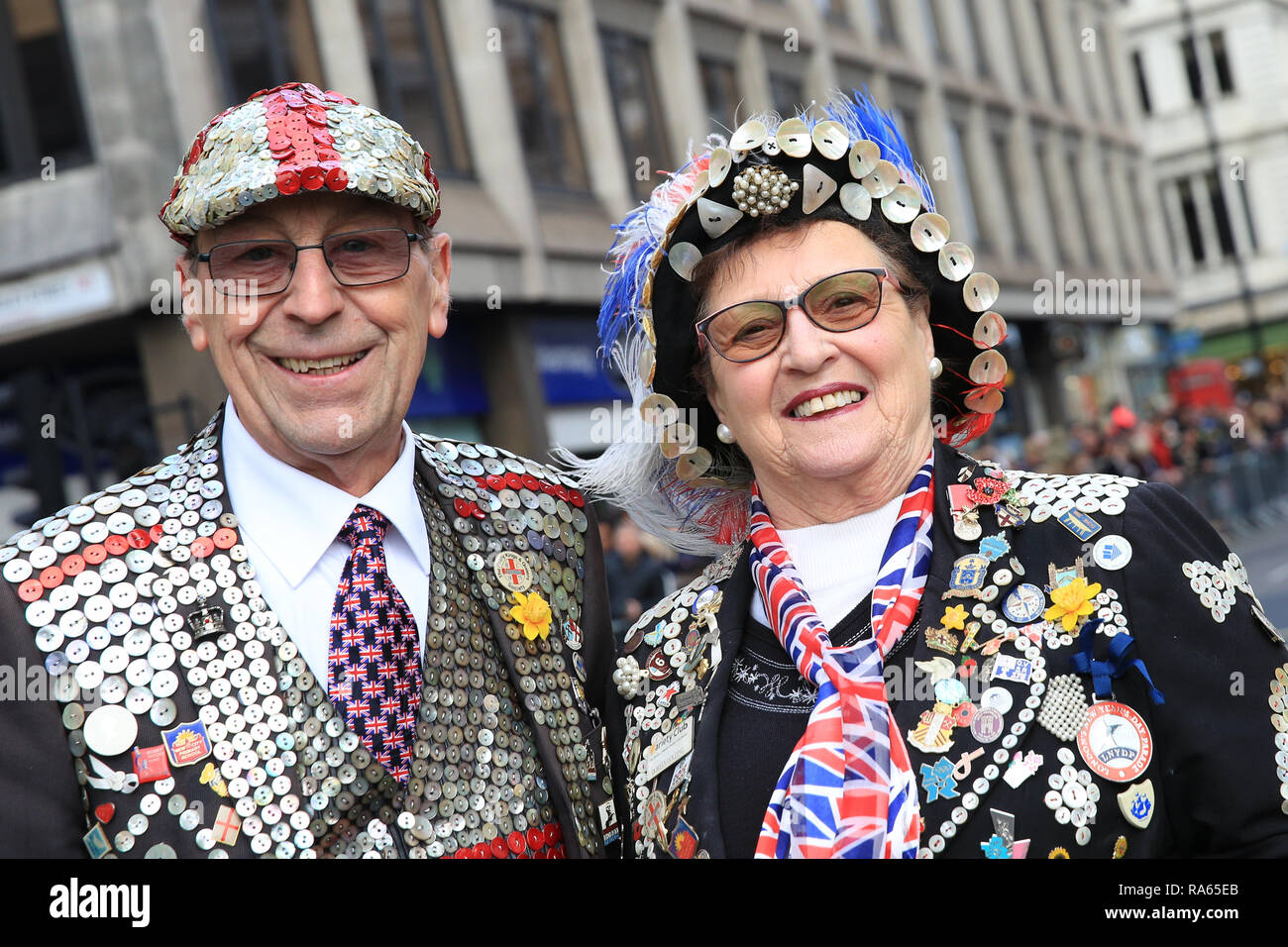 London, UK. UK. 01st Jan, 2019. London, UK. 1st Jan 2019. Two London Pearlies, a Pearly King and Queen from Forest Gate and Old Kent Road. London's New Year's Day Parade 2019, or LNYDP, features just over 10,000 participants from the USA, UJ and Europe perform in marching bands, cheer leading squads, themed floats from London's Boroughs, and many other groups. The route progresses from Piccadilly via popular landmarks such as Trafalgar Square towards Whitehall in central London every year. Credit: Imageplotter News and Sports/Alamy Live News Stock Photo