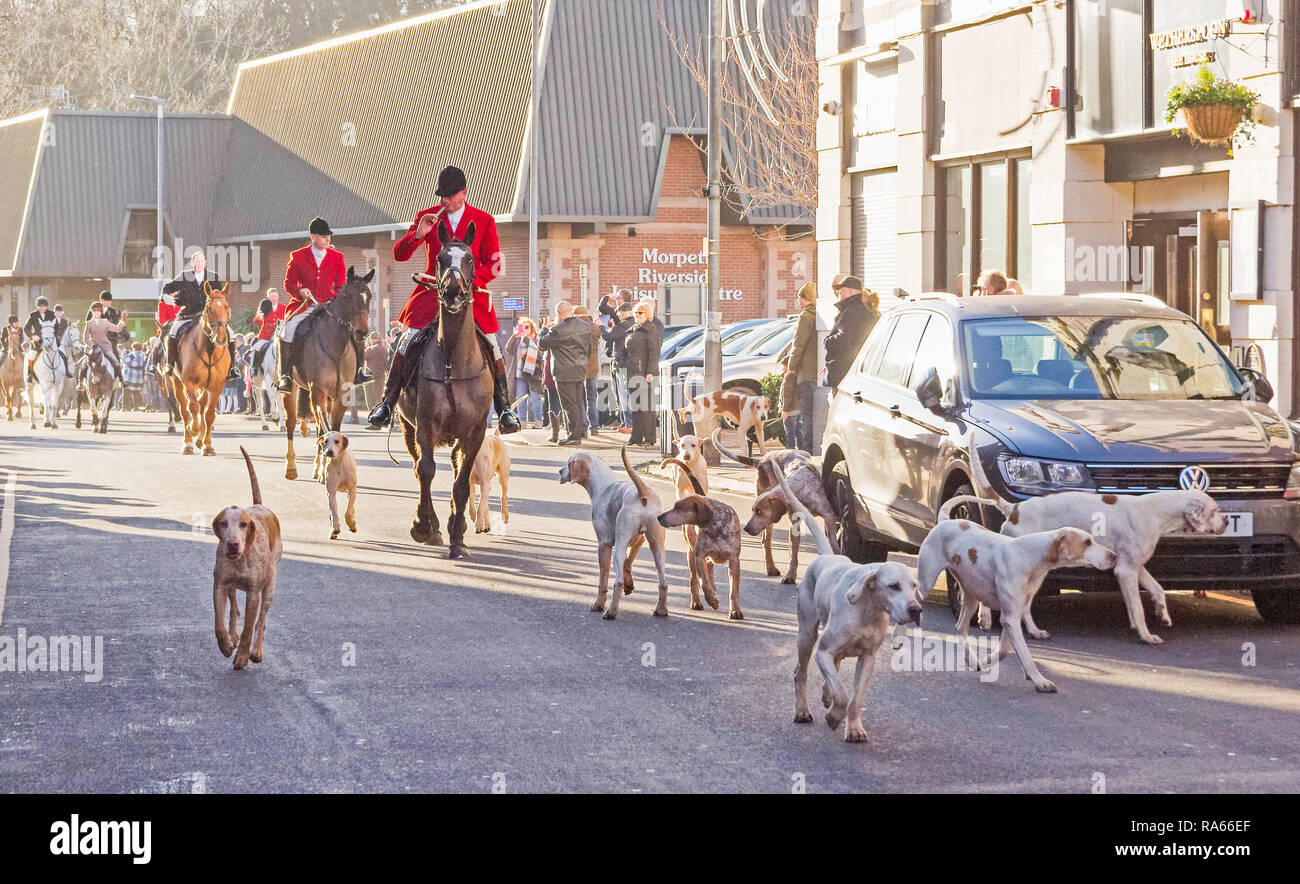 Morpeth, Northumberland, UK. 01st January 2019. The Morpeth Hunt which dates from 1818 assembles for their first outing of the year. Credit: Joseph Gaul/Alamy Live News Stock Photo