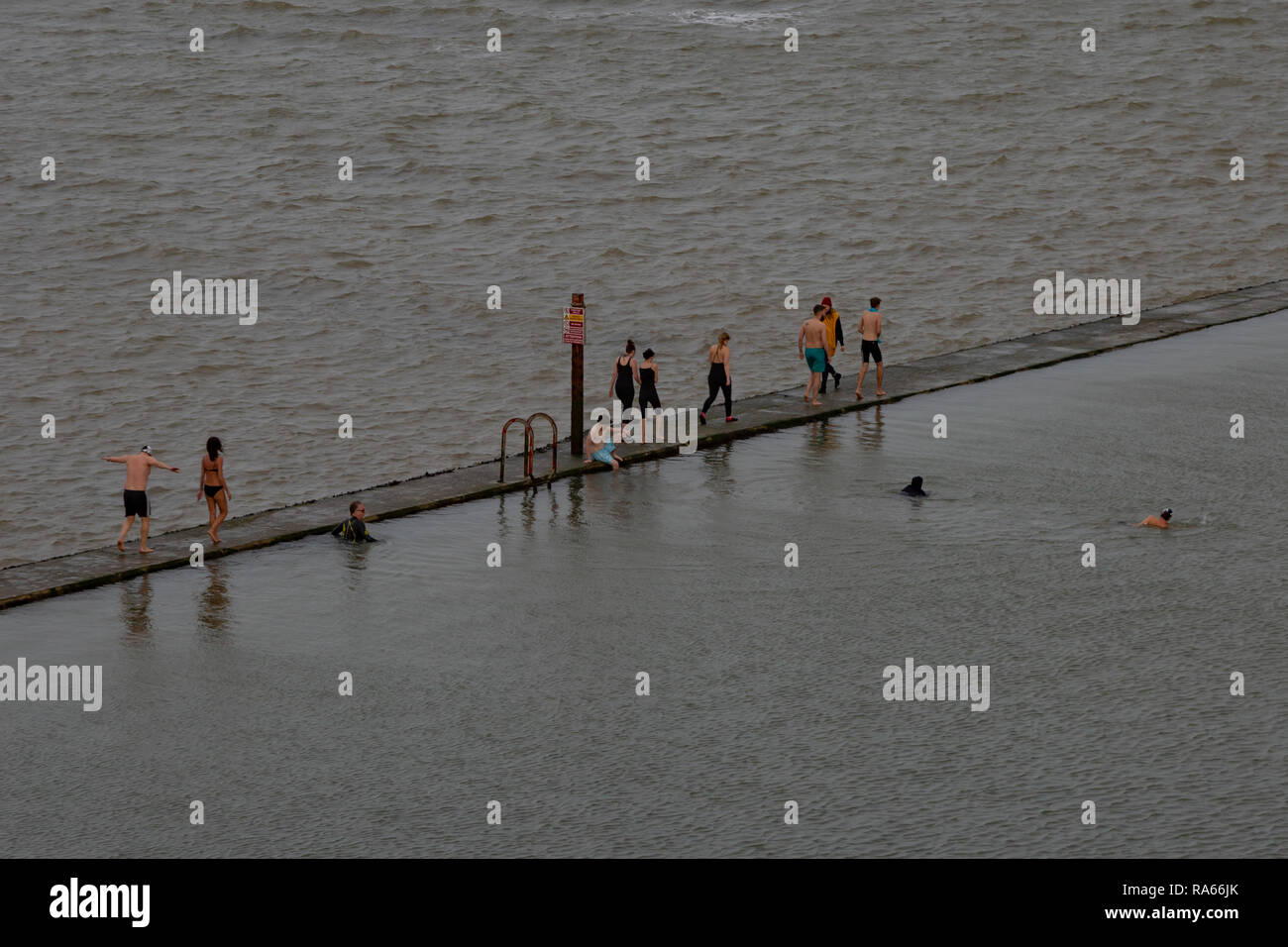 Cliftonville, Kent, UK. 1st Jan 2019. Swimmers braving the cold January waters of Walpole bays bathing pool in Cliftonville, Kent.2019 Credit: ernie jordan/Alamy Live News Stock Photo