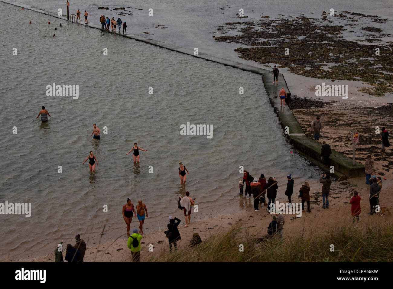 Cliftonville, Kent, UK. 1st Jan 2019. Swimmers braving the cold January waters of Walpole bays bathing pool in Cliftonville, Kent.2019 Credit: ernie jordan/Alamy Live News Stock Photo