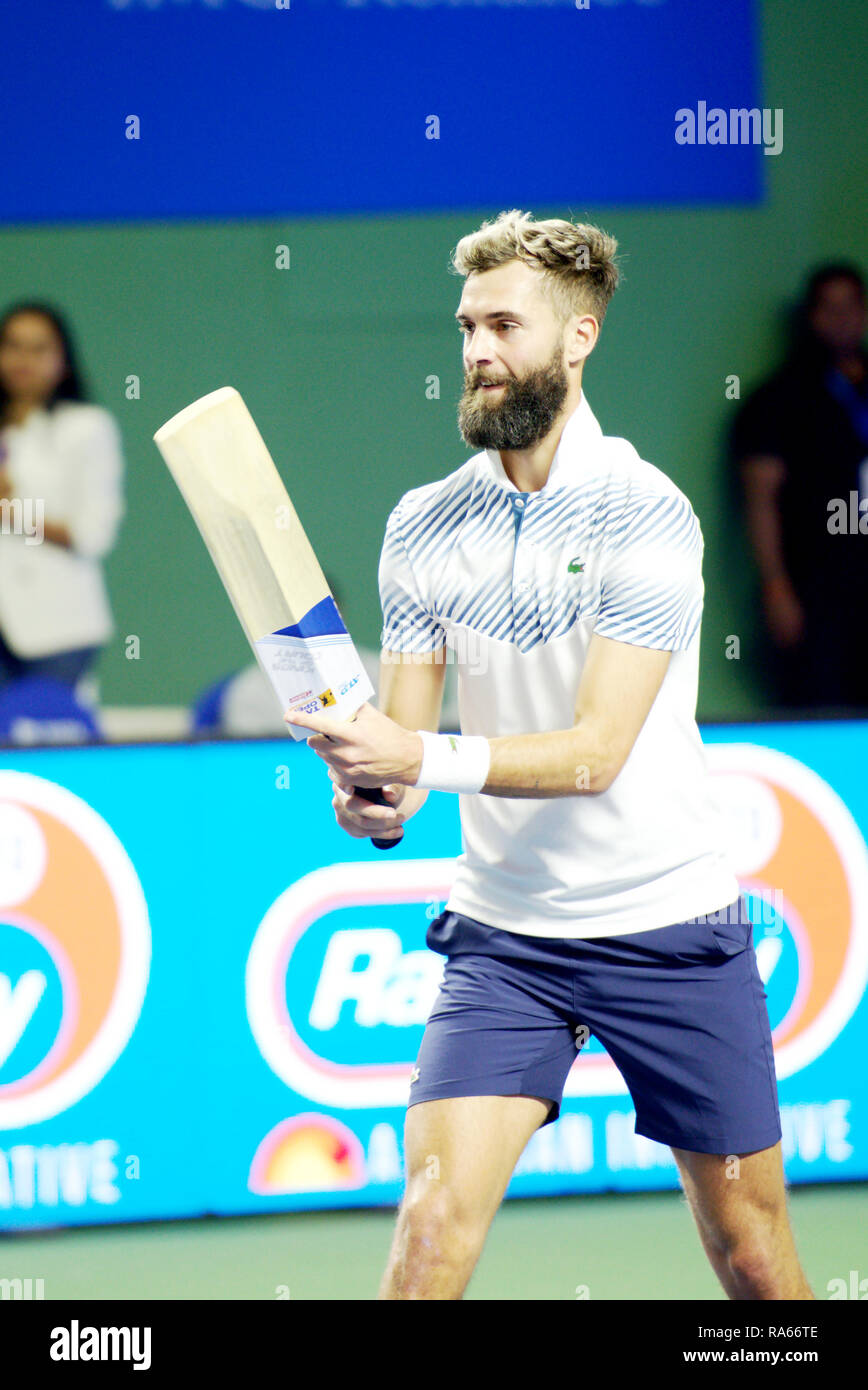 Pune, India. 1st January 2019. Benoit Paire of France gestures after winning his first round match of singles competition at Tata Open Maharashtra ATP Tennis tournament in Pune, India. Credit: Karunesh Johri/Alamy Live News Stock Photo