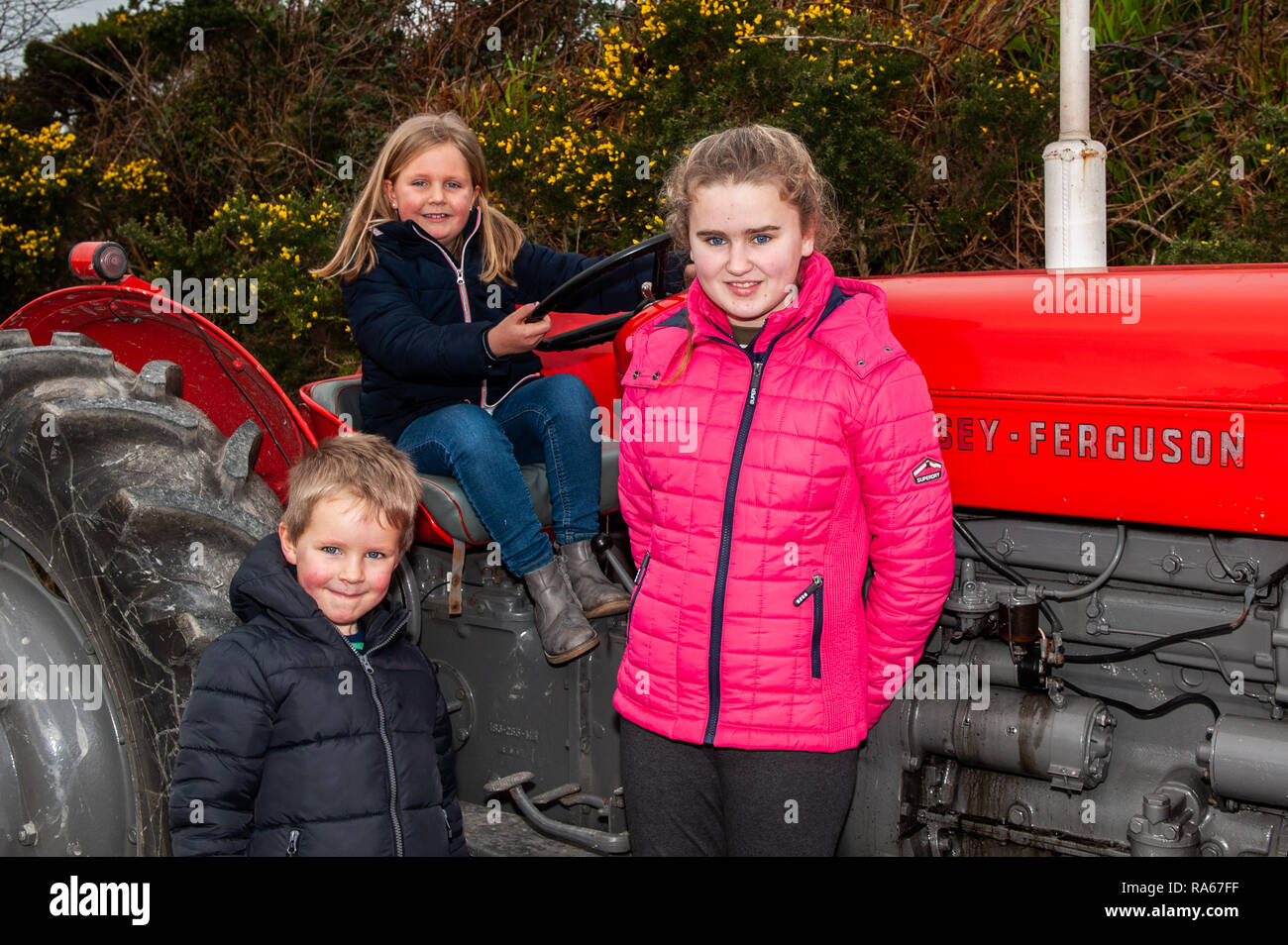 Glandore, West Cork, Ireland. 1st Jan, 2019. Leap and District Vintage Club held a New Year's Day tractor and car run in aid of the Glandore National School Building Fund earlier today. Over 60 tractors and cars signed on for the run. At the tractor run were Odhran, Aéla and Kellianne French, all from Leap. Credit: Andy Gibson/Alamy Live News. Stock Photo