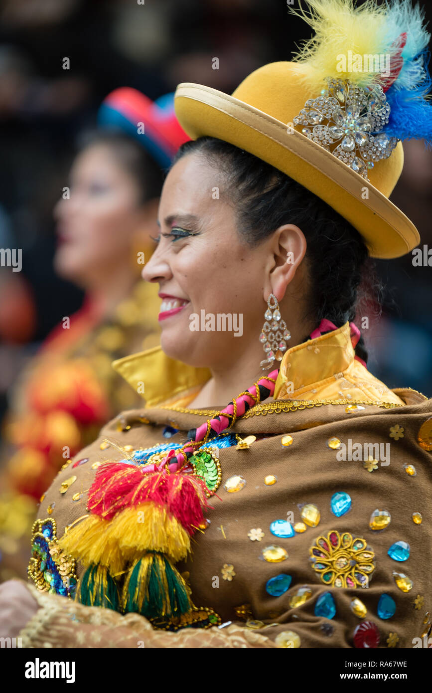 London, UK.  1 January 2019.   The theme of the parade this year was “London Welcomes the World”. With thousands of performers from a multitude of different countries and cultures from all around the world parade through central  London. Acts included Bolivia in London.  Credit: Ilyas Ayub / Alamy Live News Stock Photo