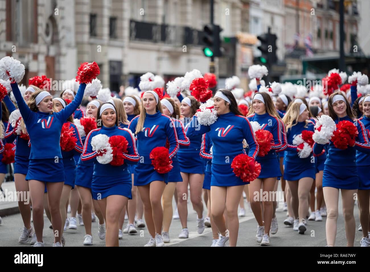 London, UK.  1 January 2019.   The theme of the parade this year was “London Welcomes the World”. With thousands of performers from a multitude of different countries and cultures from all around the world parade through central  London. Acts included Varsity Spirit All-American Universal and National Cheerleaders Association.  Credit: Ilyas Ayub / Alamy Live News Stock Photo
