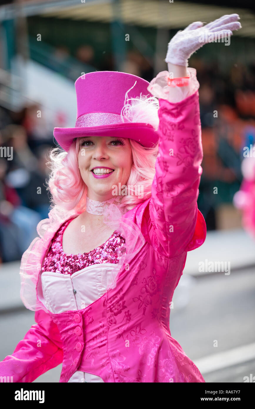 London, UK.  1 January 2019.   The theme of the parade this year was “London Welcomes the World”. With thousands of performers from a multitude of different countries and cultures from all around the world parade through central  London. Acts included The Cotton Candies Marching Krewe, from Alabama, USA.  Credit: Ilyas Ayub / Alamy Live News Stock Photo