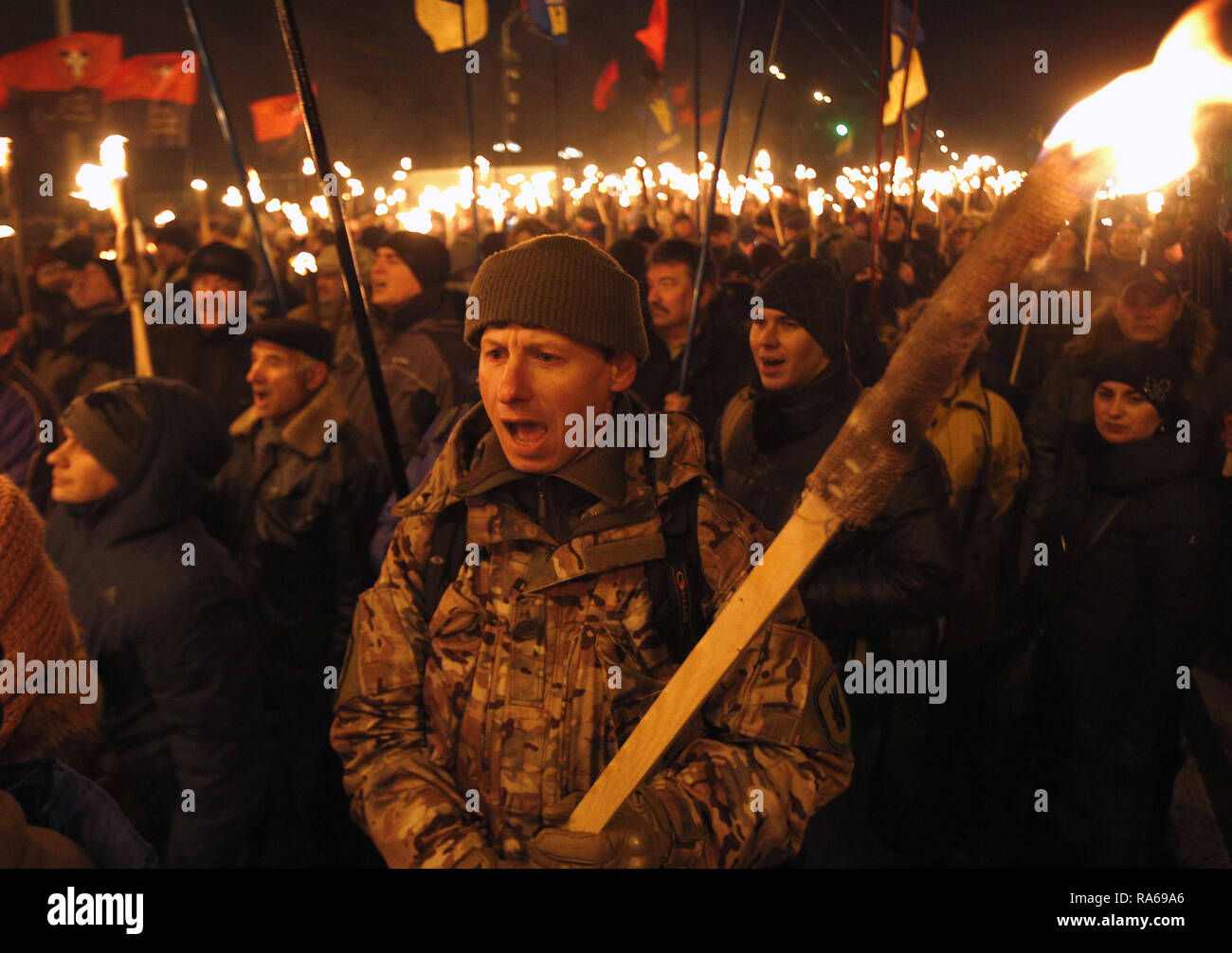 Kyiv, Ukraine. 1st Jan, 2019. Ukrainian activists carry torches during ...