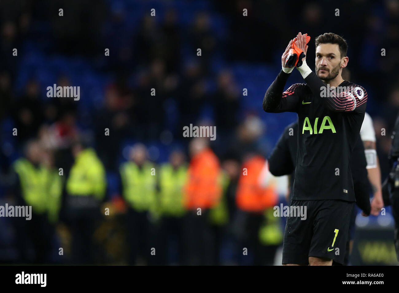Cardiff, UK. 01st Jan, 2019. Hugo Lloris, the goalkeeper of Tottenham  Hotspur applauds the Spurs fans at end of the game. Premier League match, Cardiff  City v Tottenham Hotspur at the Cardiff