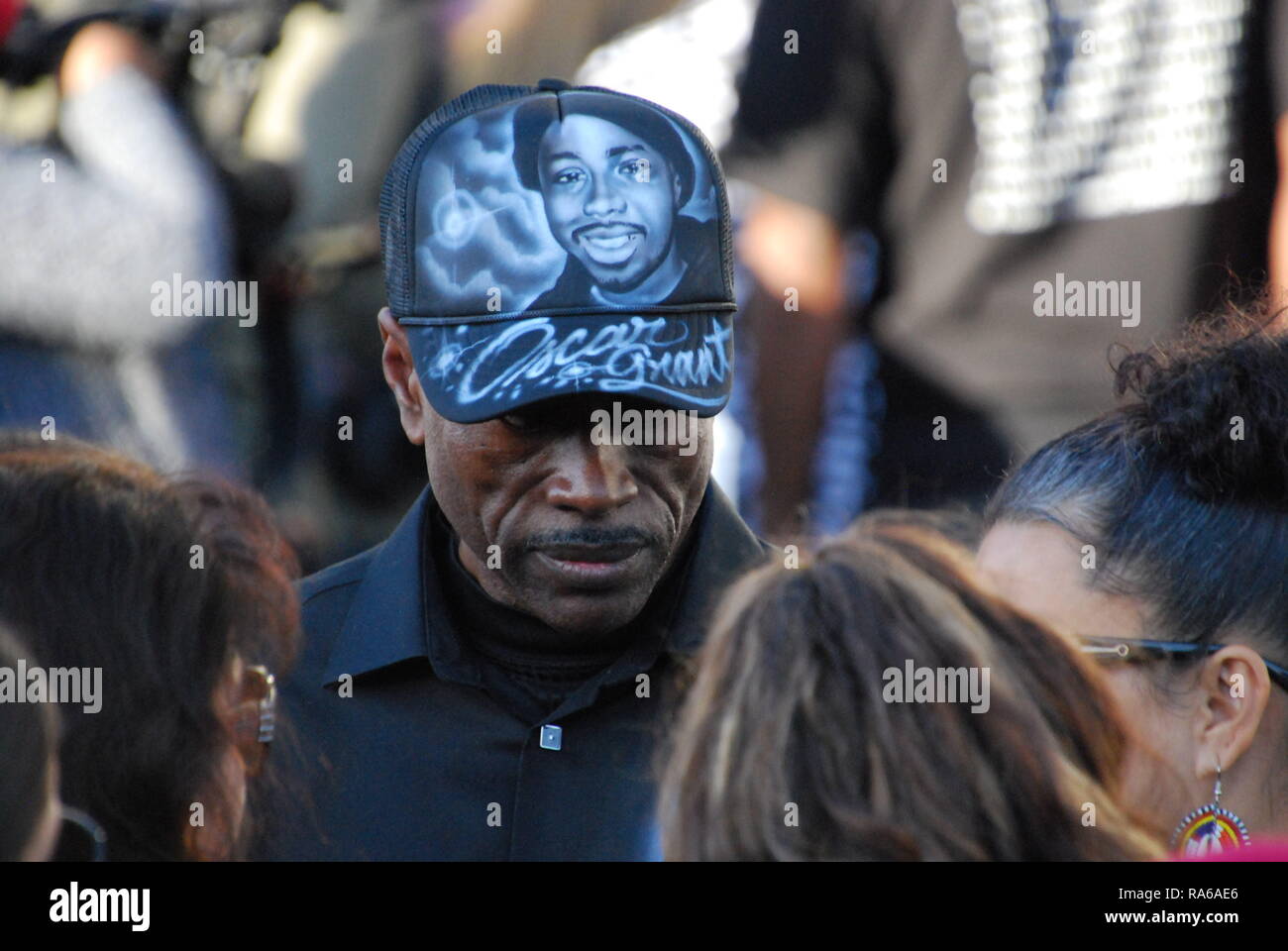 Oakland, California, USA. 1st Jan, 2019. Oscar Grant's uncle Cephus 'Uncle Bobby' Johnson at a vigil for the tenth anniversary since Grant was killed by a BART police officer at the Fruitvale BART station in Oakland, California. Credit: Scott Morris/Alamy Live News Stock Photo