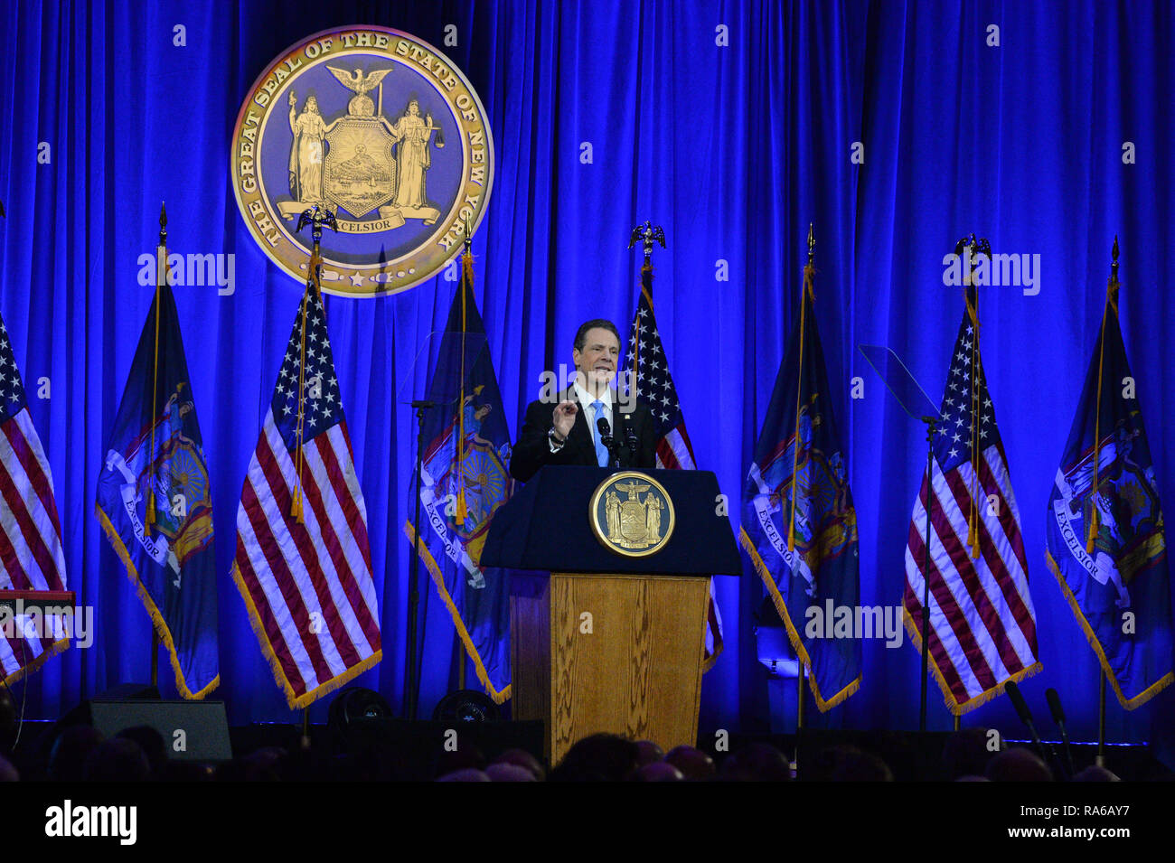 New York, USA. 1st Jan 2019. Gov. Andrew Cuomo gives his inaugural address on Ellis Island in New York on January 1, 2019. Credit: Erik Pendzich/Alamy Live News Stock Photo