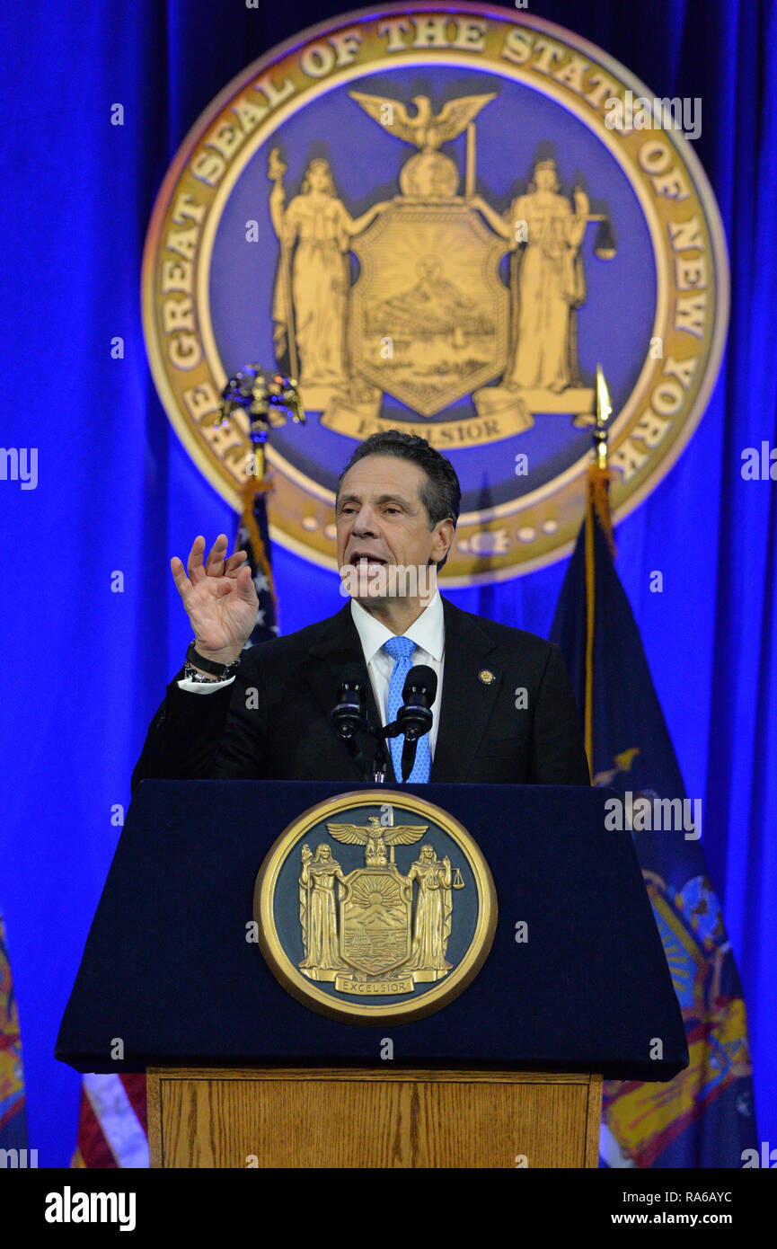 New York, USA. 1st Jan 2019. Gov. Andrew Cuomo gives his inaugural address on Ellis Island in New York on January 1, 2019. Credit: Erik Pendzich/Alamy Live News Stock Photo
