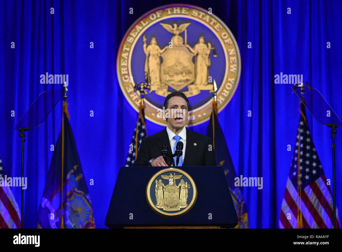 New York, USA. 1st Jan 2019. Gov. Andrew Cuomo gives his inaugural address on Ellis Island in New York on January 1, 2019. Credit: Erik Pendzich/Alamy Live News Stock Photo