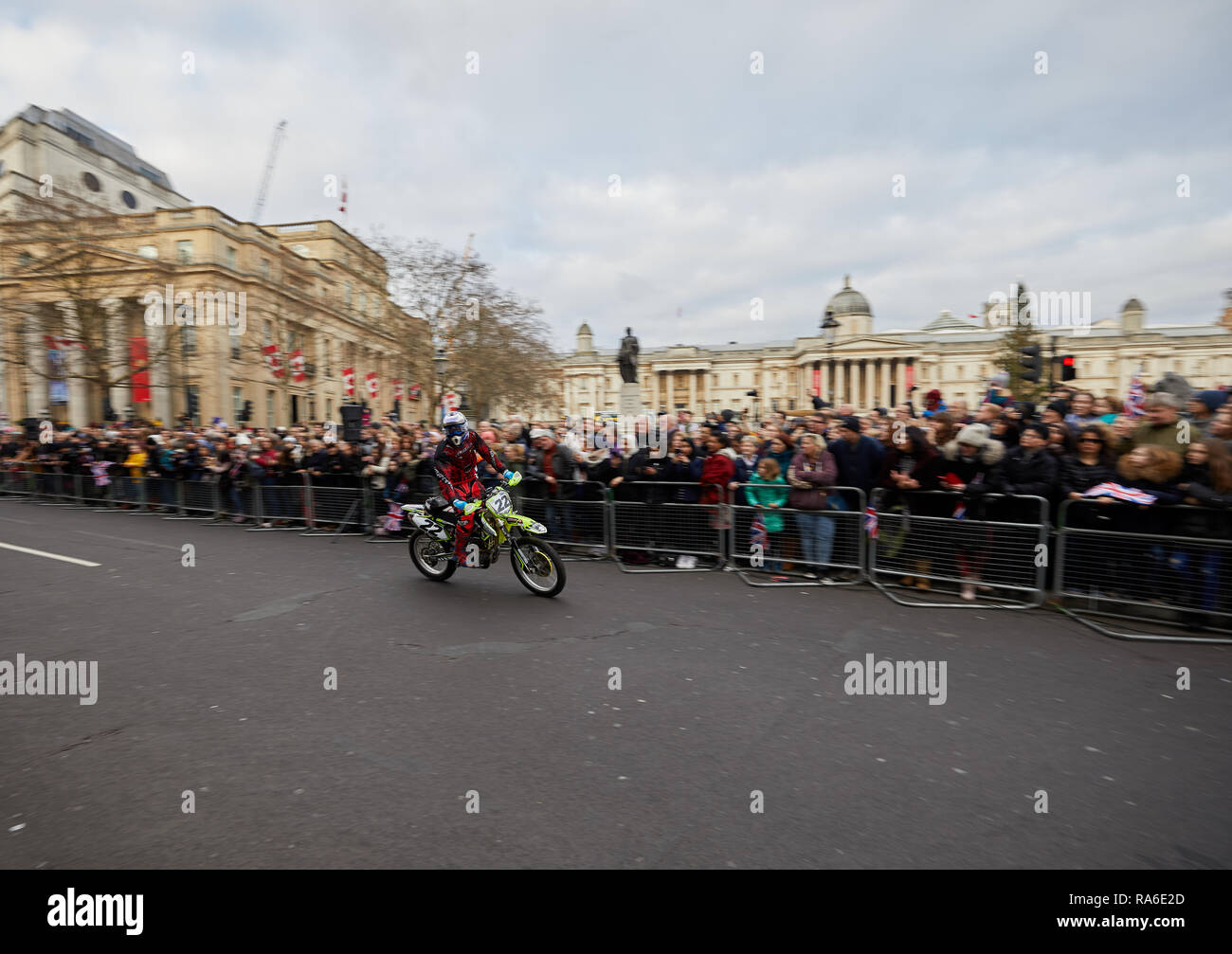 London, UK. 1st Jan, 2019. A members of Moto Stunts International performs for crowds at London's annual New Years Day Parade. Credit: Kevin J. Frost/Alamy Live News Stock Photo