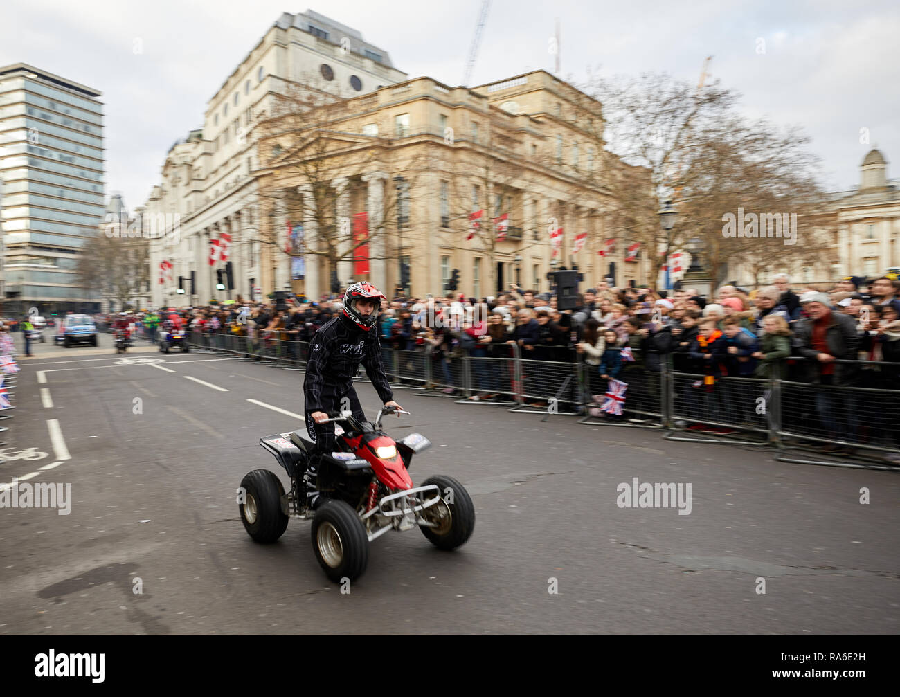 London, UK. 1st Jan, 2019. A members of Moto Stunts International performs for crowds at London's annual New Years Day Parade. Credit: Kevin J. Frost/Alamy Live News Stock Photo
