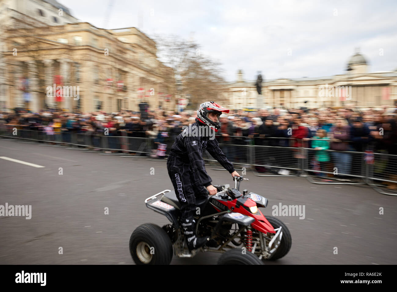 London, UK. 1st Jan, 2019. A members of Moto Stunts International performs for crowds at London's annual New Years Day Parade. Credit: Kevin J. Frost/Alamy Live News Stock Photo