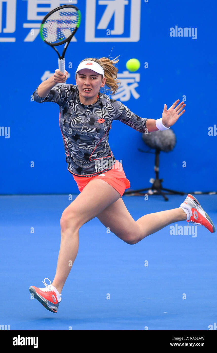 Shenzhen, China's Guangdong Province. 2nd Jan, 2019. Ekaterina Alexandrova  of Russia competes against Aryna Sabalenka of Belarus during the women's  singles second round match of WTA Shenzhen Open tennis tournamen in  Shenzhen,