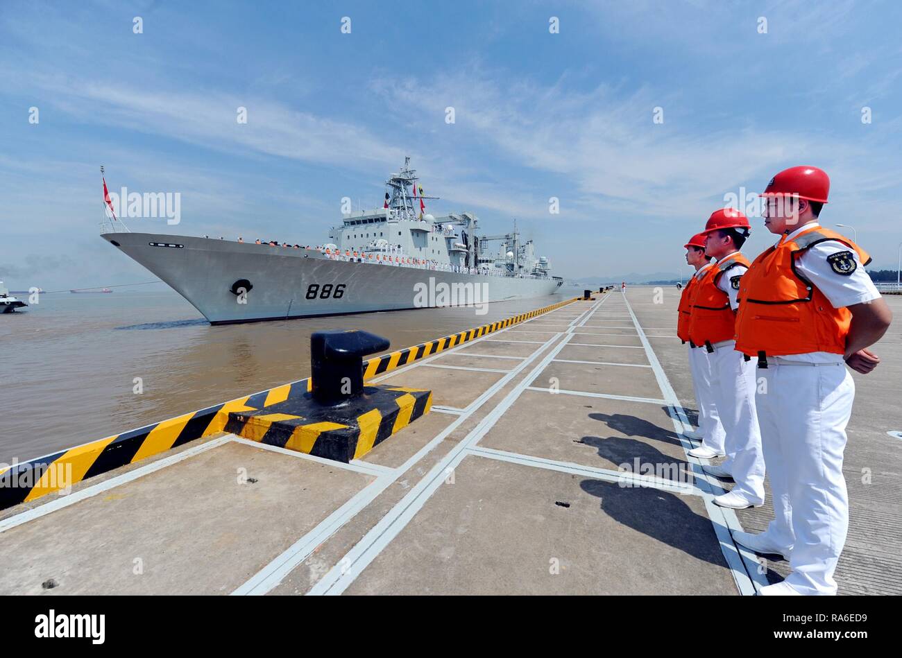 Beijing, China. 2nd Jan 2019. The 12th Chinese naval escort flotilla prepare to set sail at a port in Zhoushan, east China's Zhejiang Province, July 3, 2012. The 12th Chinese naval escort flotilla left Zhoushan for the escort mission in the Gulf of Aden and Somali waters to protect commercial ships from pirate attacks. China's naval fleets have escorted 3,400 foreign ships over the past 10 years, around 51.5 percent of the total escorted, according to a Ministry of National Defense statement.     Wu Qian, a spokesperson for the ministry, told a press conference that China sent Stock Photo